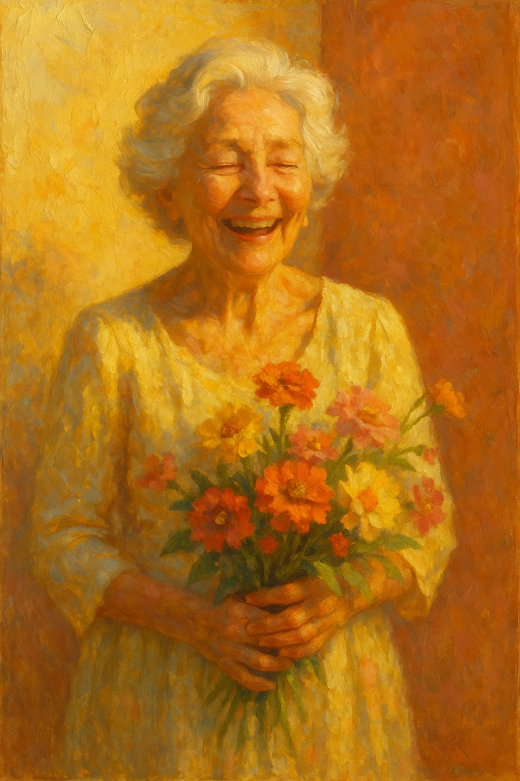 Portrait of a grandmother with garden flowers