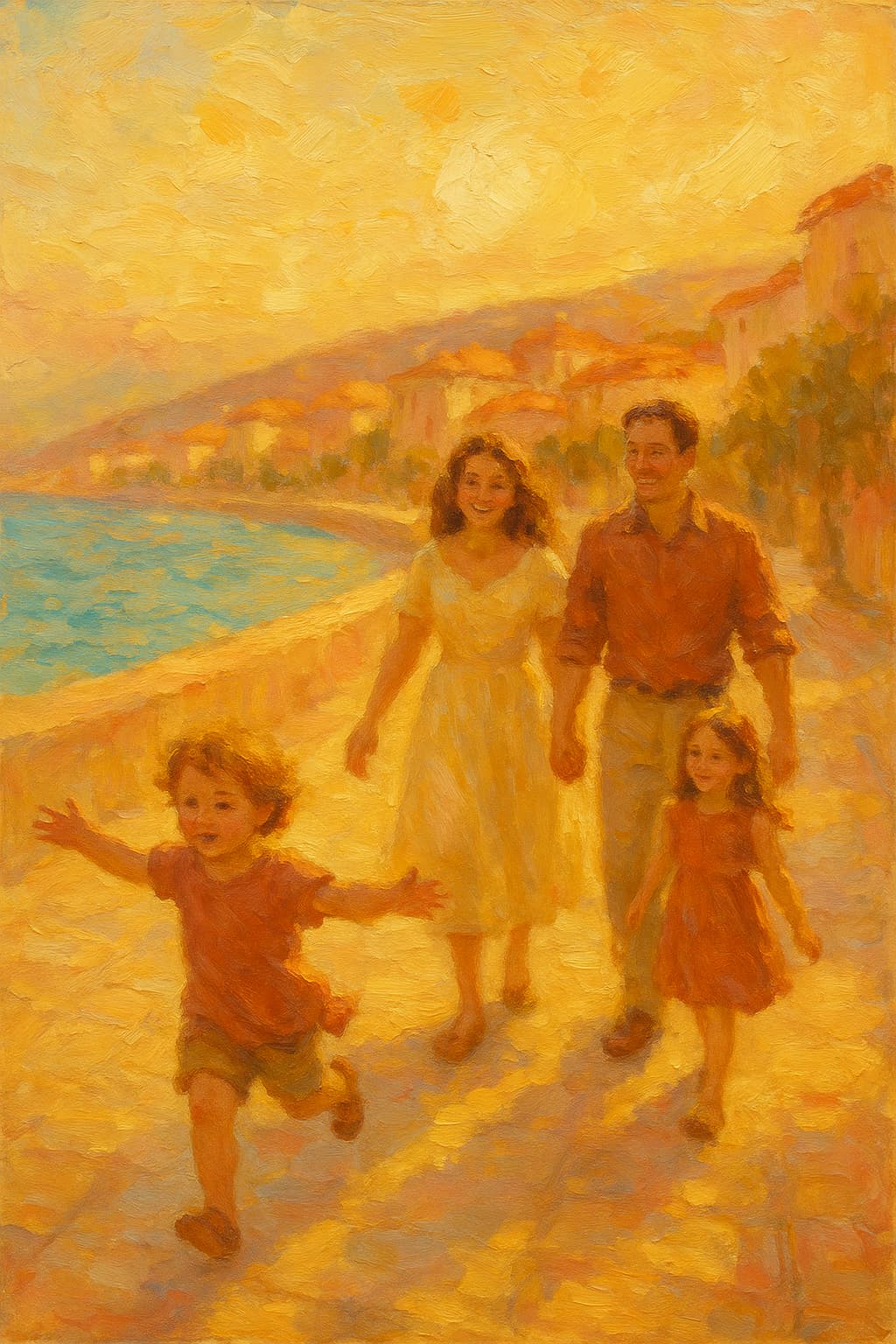 A family by the sea at golden hour