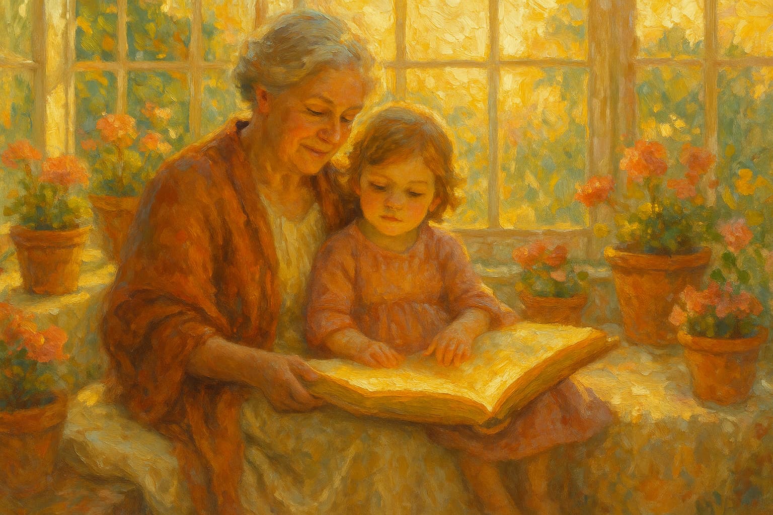 A grandmother and grandchild reading a golden storybook, painted in impressionist oils