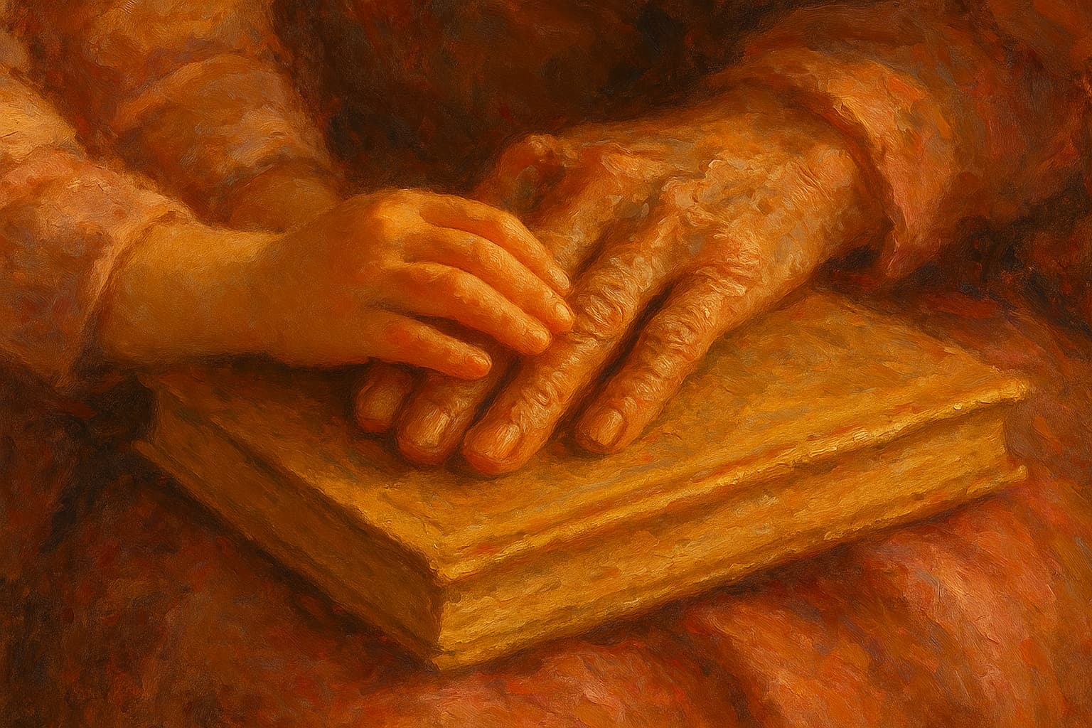A child's hand resting on a grandmother's hand over a golden storybook