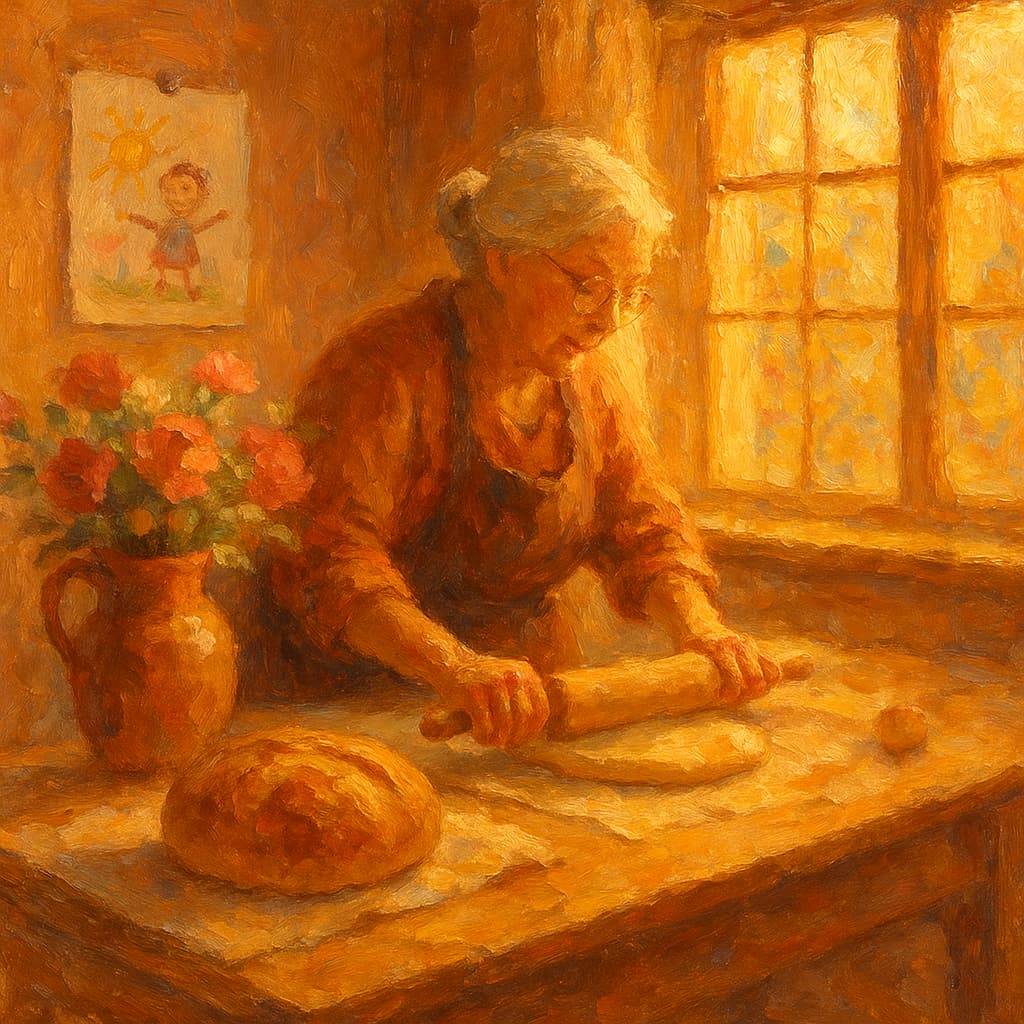 A grandmother's warm kitchen, painted in oils