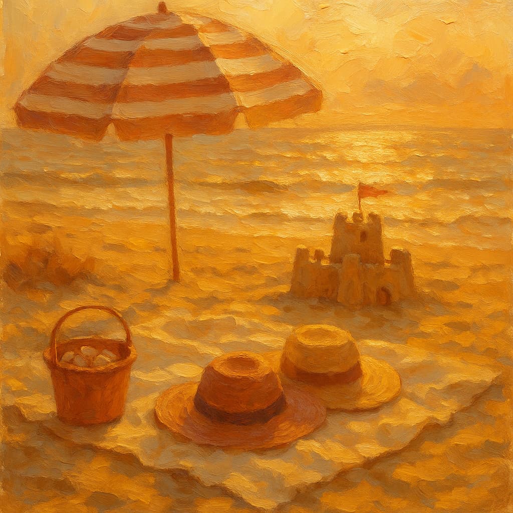 A family beach day, painted in oils